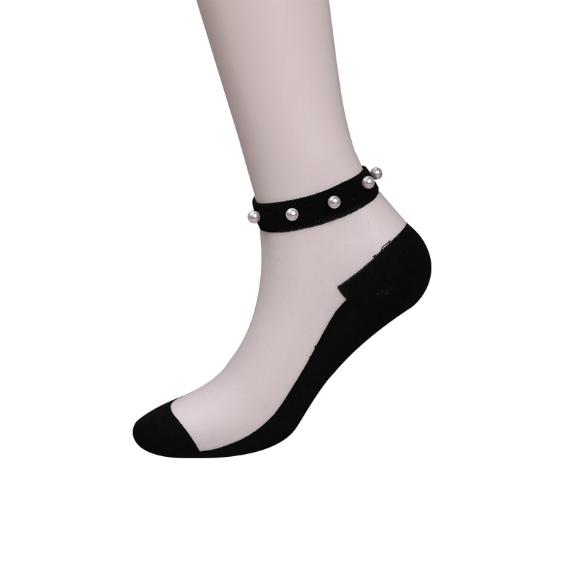 Fashion nylon transparent silk cotton bottom women boat socks top pearl glass crystal silk women boat socks WSD1288