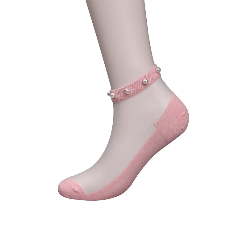 Fashion nylon transparent silk cotton bottom women boat socks top pearl glass crystal silk women boat socks WSD1288