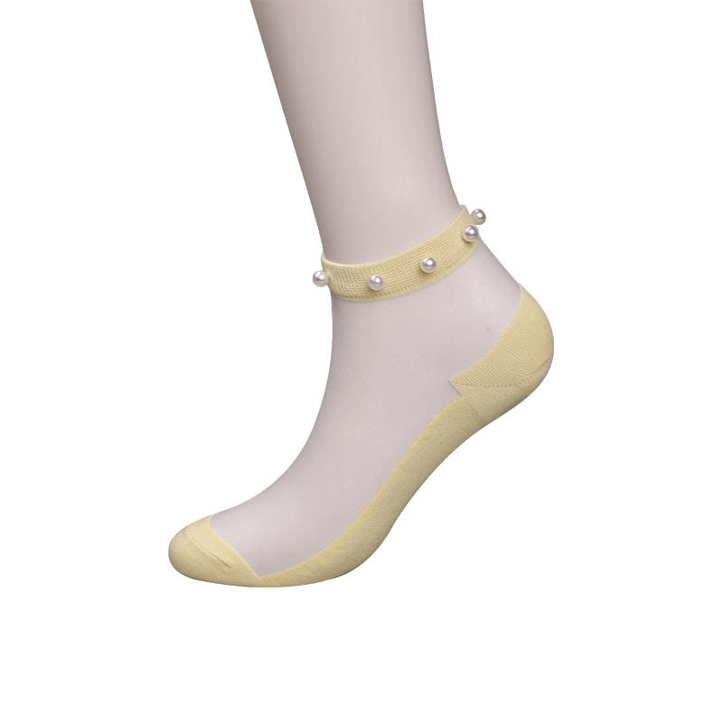 Fashion nylon transparent silk cotton bottom women boat socks top pearl glass crystal silk women boat socks WSD1288