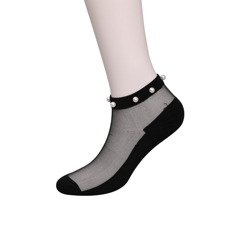Fashion nylon transparent silk cotton bottom women boat socks top pearl glass crystal silk women boat socks WSD1288
