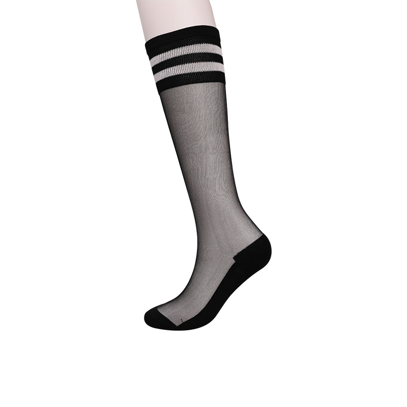 Fashion nylon transparent silk cotton bottom high Luokou horizontal striped flower crystal silk midi and half socks  WSD1951