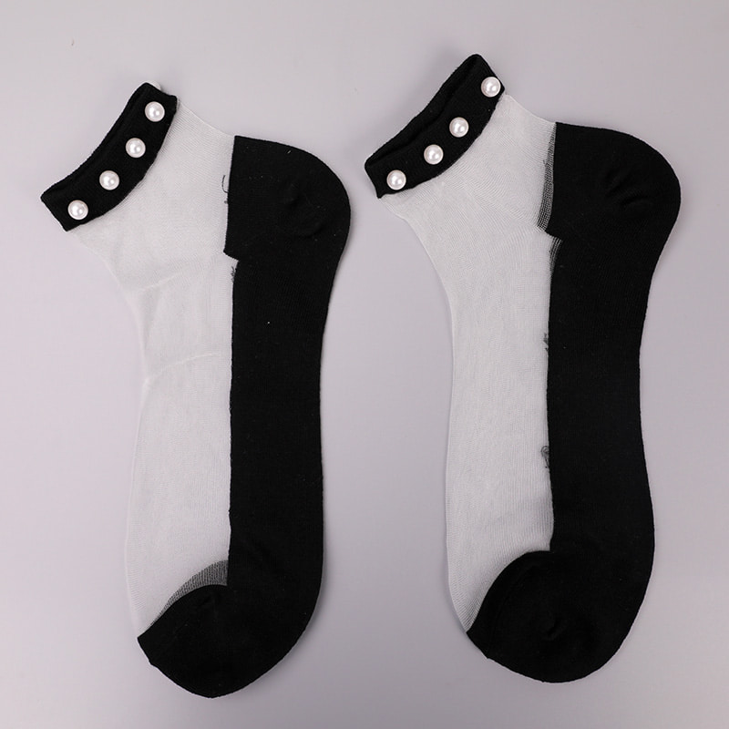 Fashion nylon transparent silk cotton bottom women boat socks top pearl glass crystal silk women boat socks WSD1288