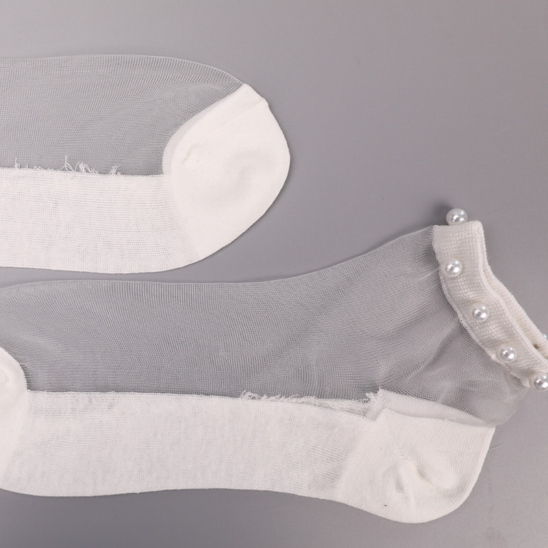 Fashion nylon transparent silk cotton bottom women boat socks top pearl glass crystal silk women boat socks WSD1288