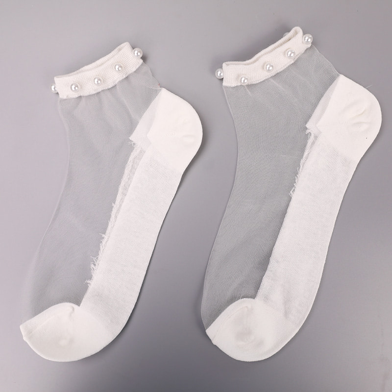 Fashion nylon transparent silk cotton bottom women boat socks top pearl glass crystal silk women boat socks WSD1288
