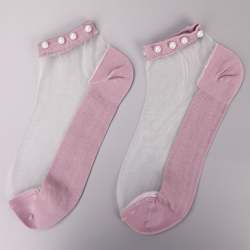 Fashion nylon transparent silk cotton bottom women boat socks top pearl glass crystal silk women boat socks WSD1288