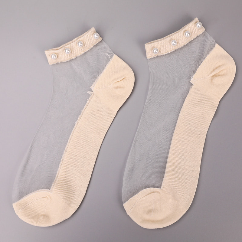 Fashion nylon transparent silk cotton bottom women boat socks top pearl glass crystal silk women boat socks WSD1288