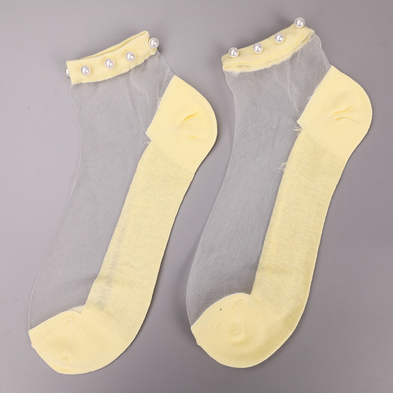 Fashion nylon transparent silk cotton bottom women boat socks top pearl glass crystal silk women boat socks WSD1288