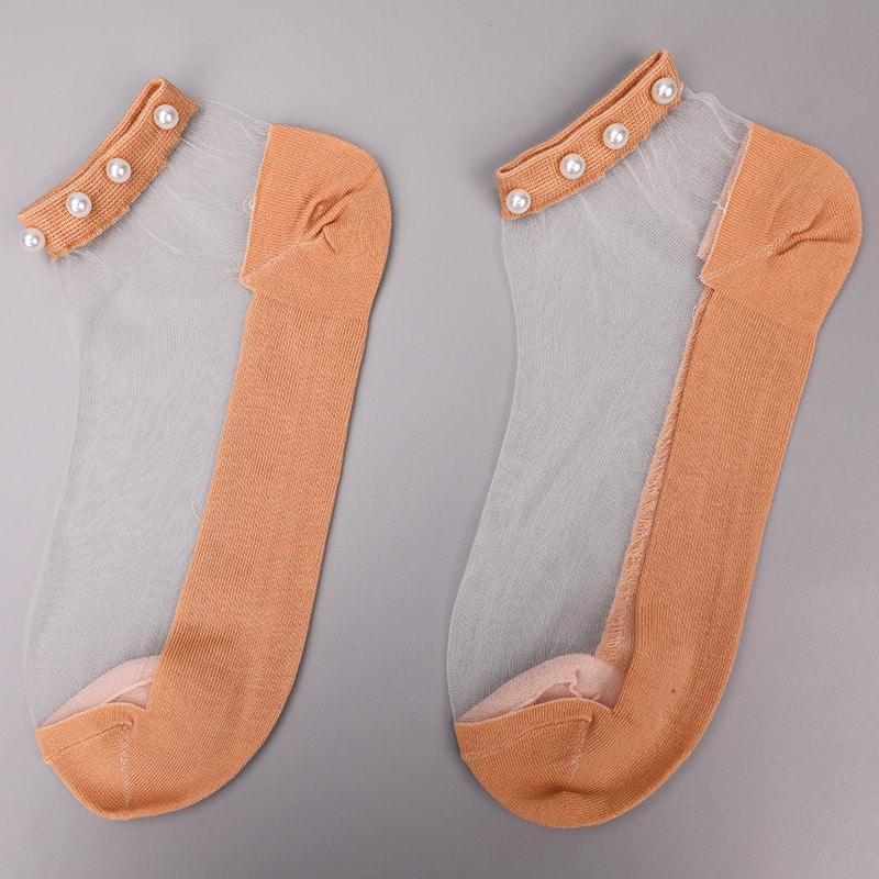 Fashion nylon transparent silk cotton bottom women boat socks top pearl glass crystal silk women boat socks WSD1288