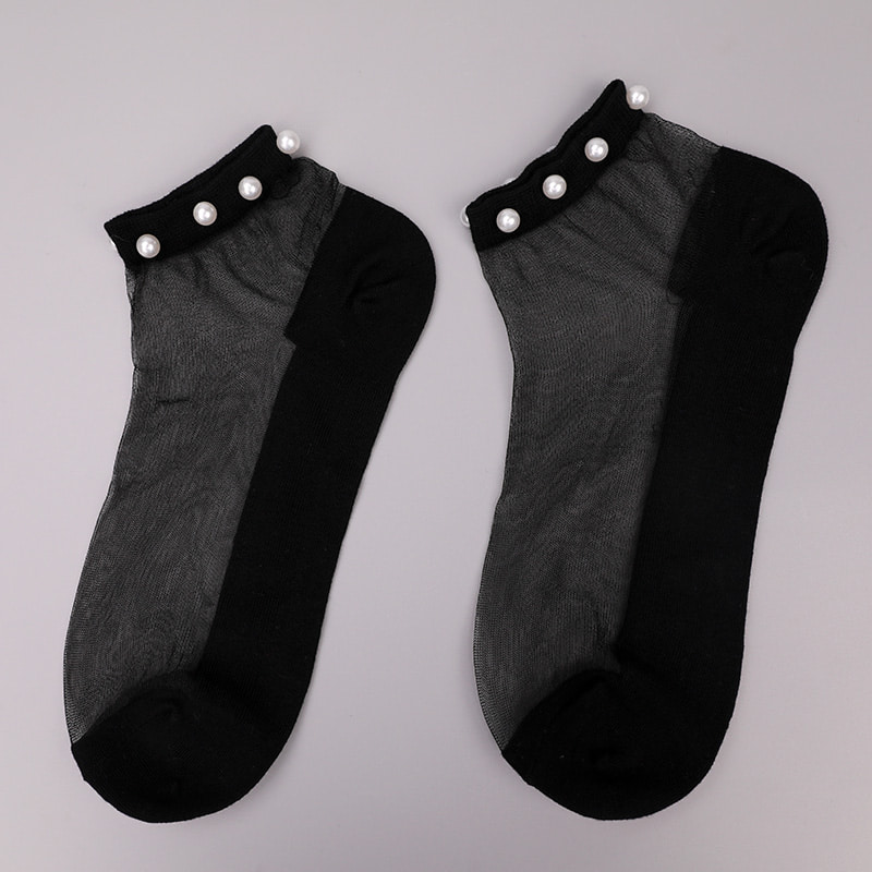 Fashion nylon transparent silk cotton bottom women boat socks top pearl glass crystal silk women boat socks WSD1288