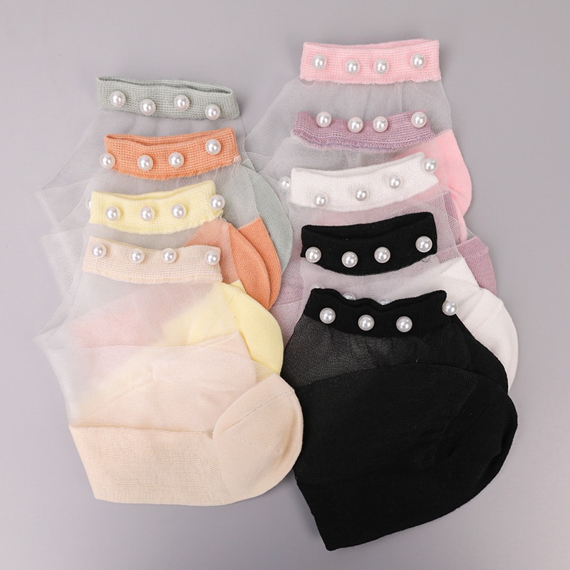 Fashion nylon transparent silk cotton bottom women boat socks top pearl glass crystal silk women boat socks WSD1288