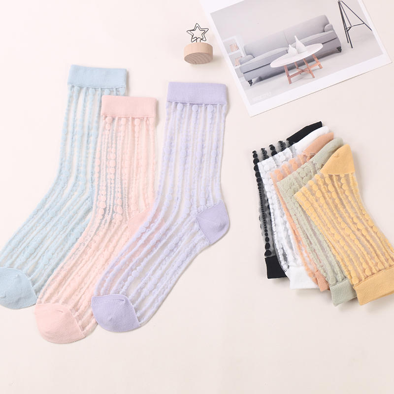 Summer Beautiful Thin Breathable Crystal Silk Flower Fashion Cool Transparent Sock For Women