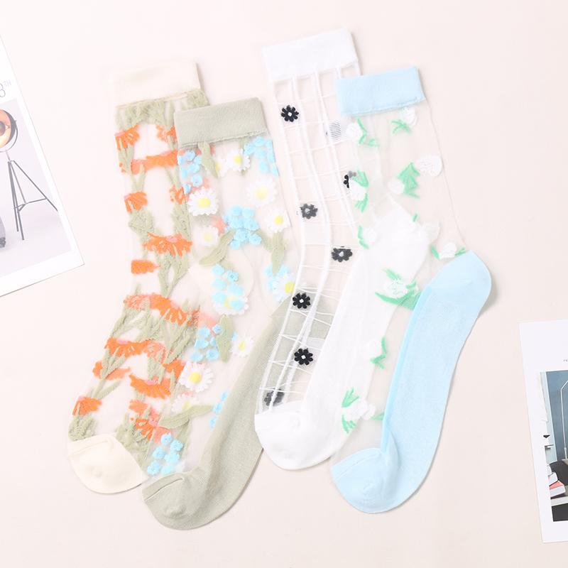 Wholesale summer thin women crew socks fashion transparent sheer socks