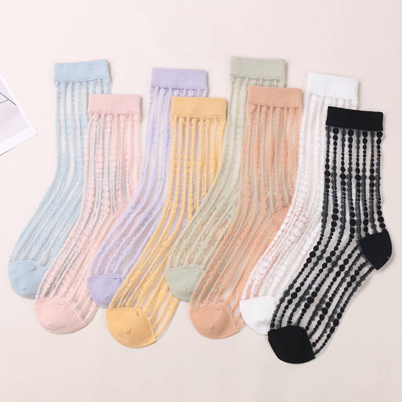 Summer Beautiful Thin Breathable Crystal Silk Flower Fashion Cool Transparent Sock For Women