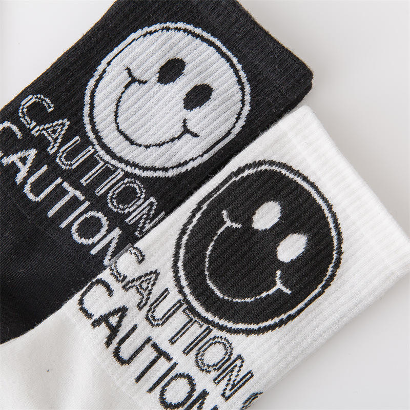 Black White Personalized Smiling Face INS Breathable Crew Cotton Sports Men's Socks