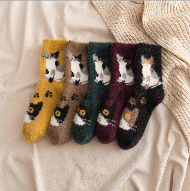 Funny Cute Cat Animal Women Girls Fuzzy With Cat Pattern Funny Thick Socks