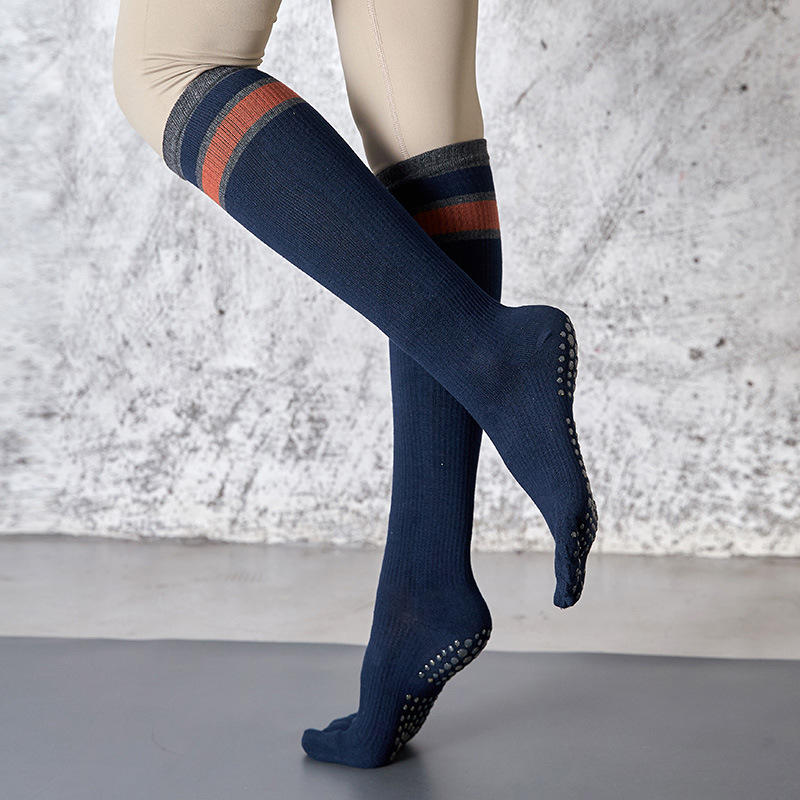 custom stripe cotton knee pilates anti slip yoga women 5 toe socks