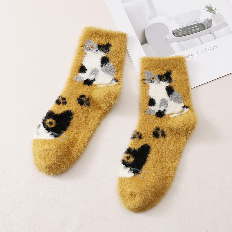 Funny Cute Cat Animal Women Girls Fuzzy With Cat Pattern Funny Thick Socks