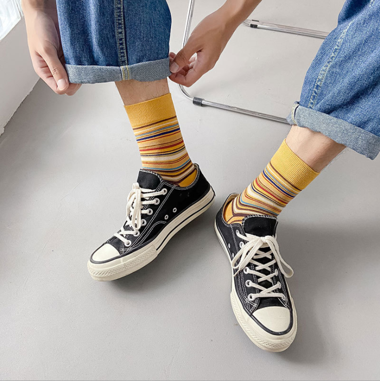 Happiness Autumn Fashion Striped 100 Design Patterned Breathable Crew Cotton Socks Men