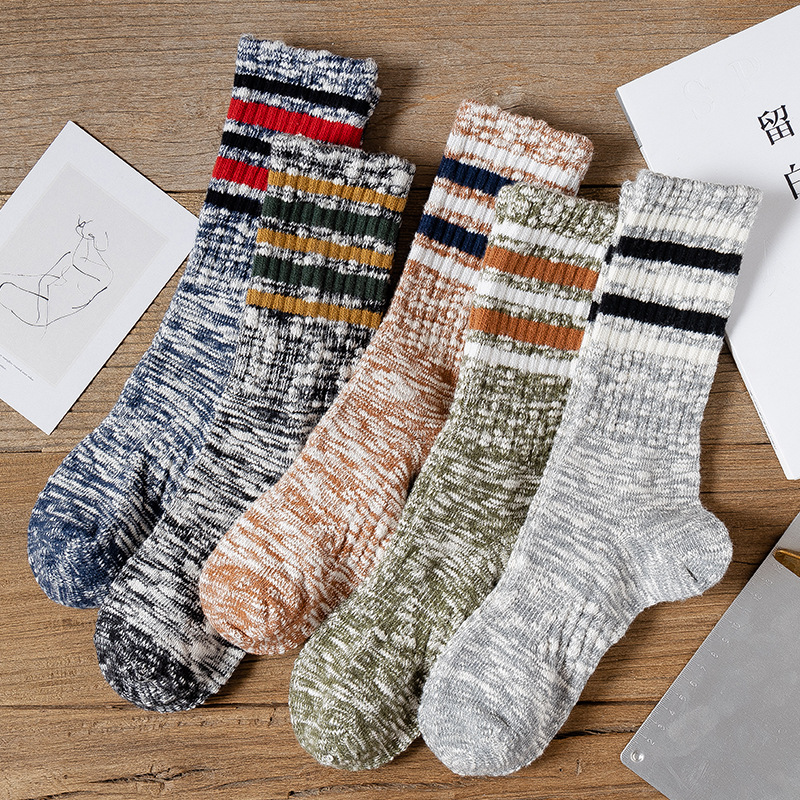 Retro winter fashion stripe dress men cotton thick ribbed socks blend