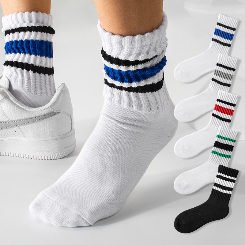 Novelty Socks Men Striped Retro Ribbed Loose Slouch Crew Sporty Calf Casual Cotton Socks