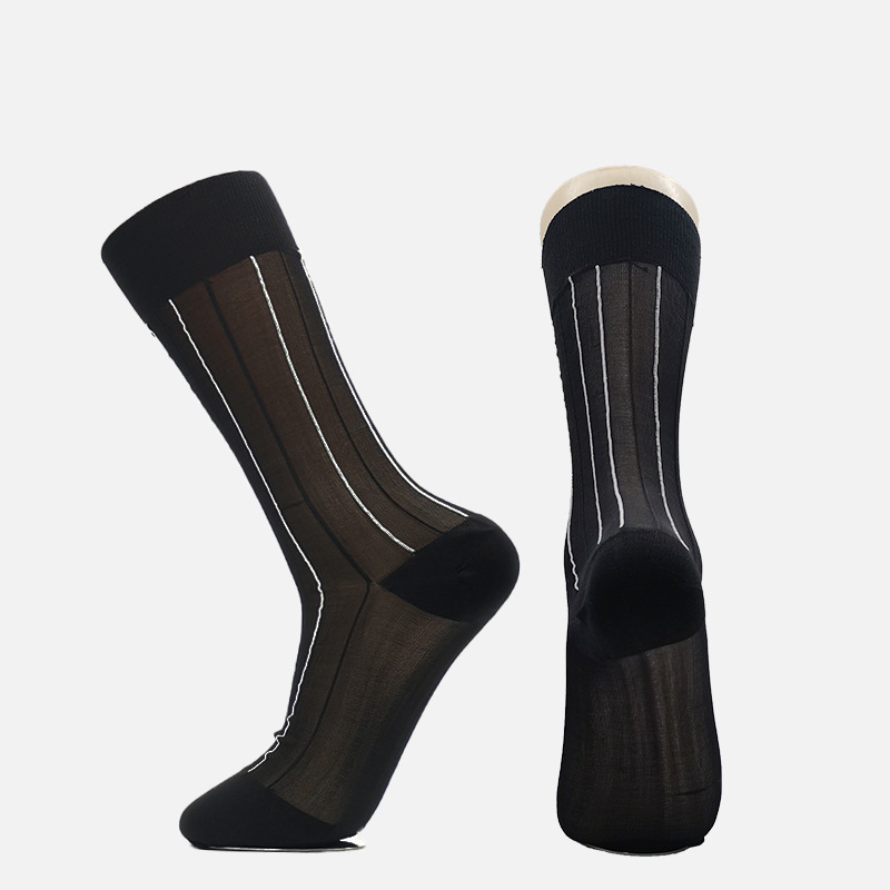 Cheap Mens Sheer Below Knee Striped Breathable Business Style Nylon Dress Socks