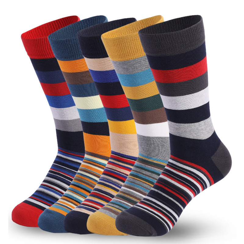 Men's Trendy Geometric Design Mid Tube Colorful Striped Socks with Crew High Knitted